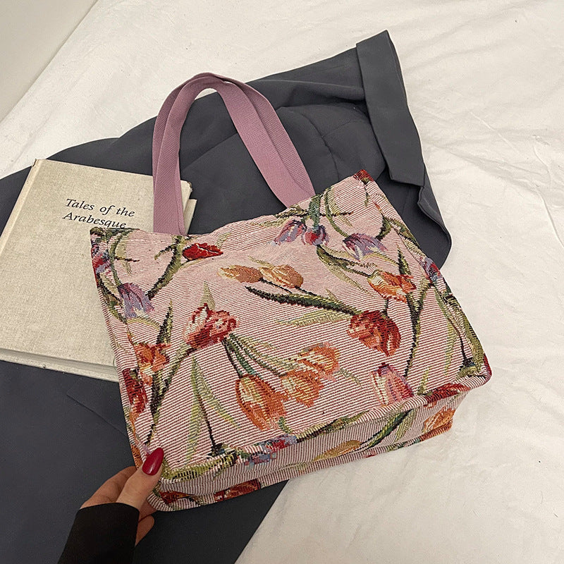 Floral Embroidered Shoulder Tote Bag