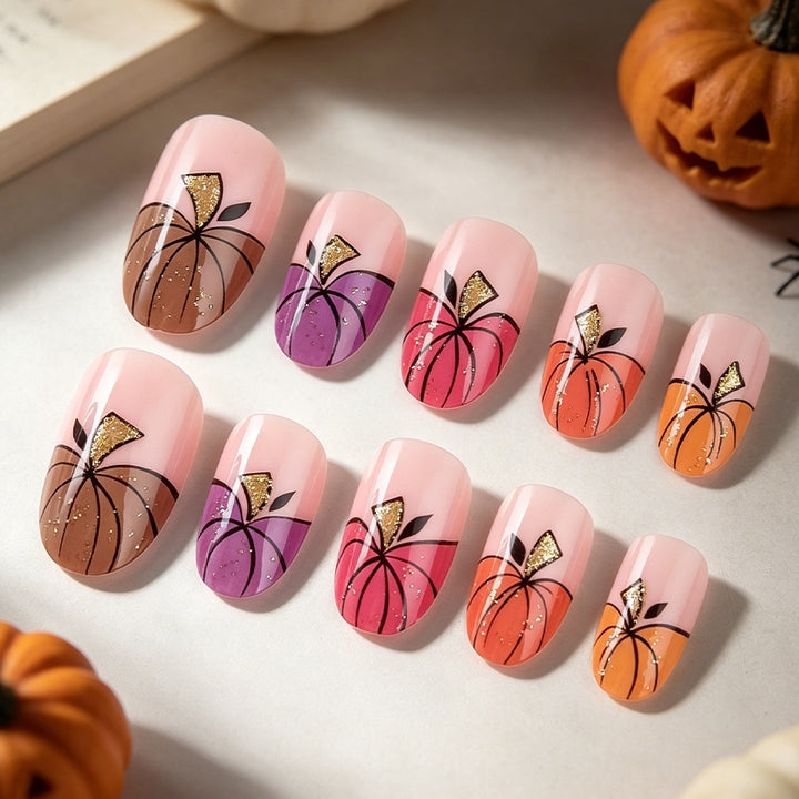 Artistic Press-On Nail Art Set with Pumpkin Design Stornfield