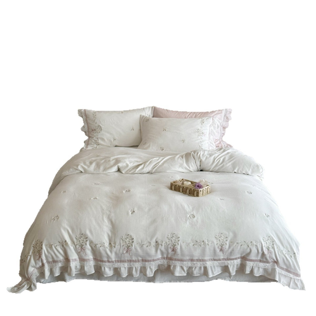 Embroidered Ruffled Linen-Cotton Duvet Cover Set