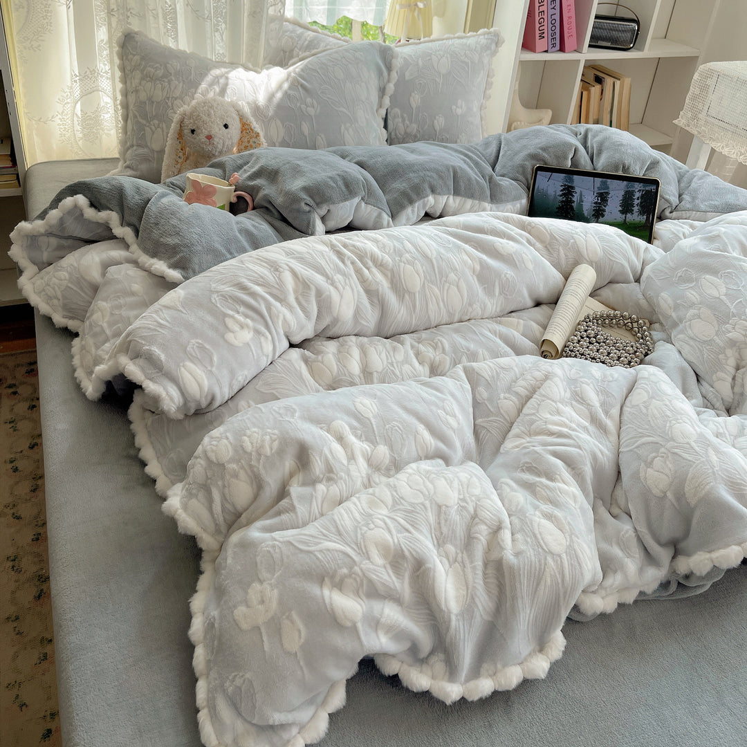 Plush Quilted Floral-Embossed Reversible Comforter Set with Sherpa Lining