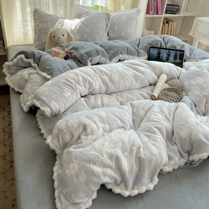 Plush Quilted Floral-Embossed Reversible Comforter Set with Sherpa Lining