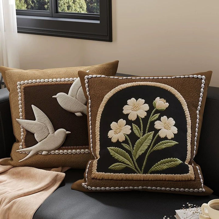 Artistic Floral Embroidered Throw Pillow