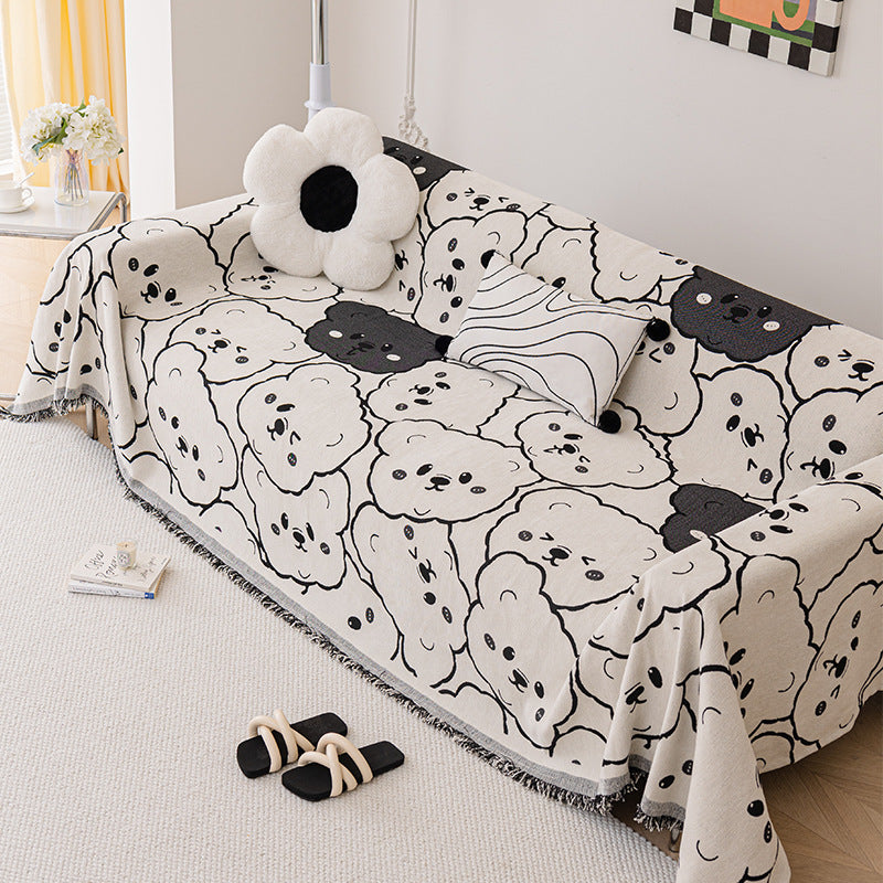 Decorative Woven Sofa Throw Blanket with Cute Teddy Face Motif and Fringed Edges