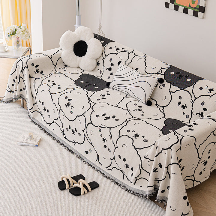 Decorative Woven Sofa Throw Blanket with Cute Teddy Face Motif and Fringed Edges