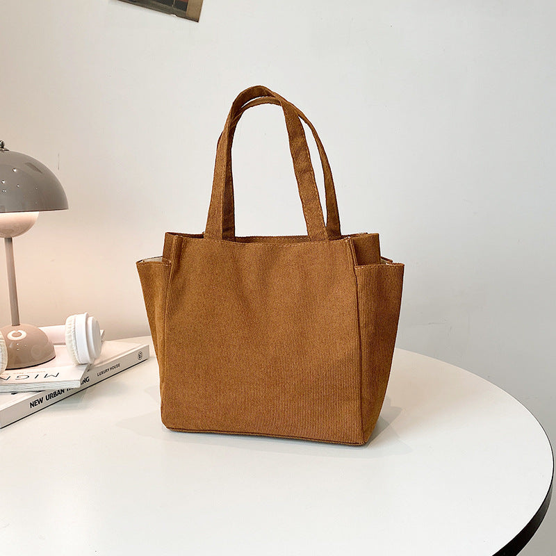 Textured Corduroy Tote Bag with Cute Plush Charm