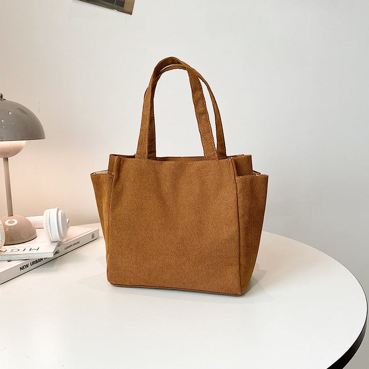 Textured Corduroy Tote Bag with Cute Plush Charm