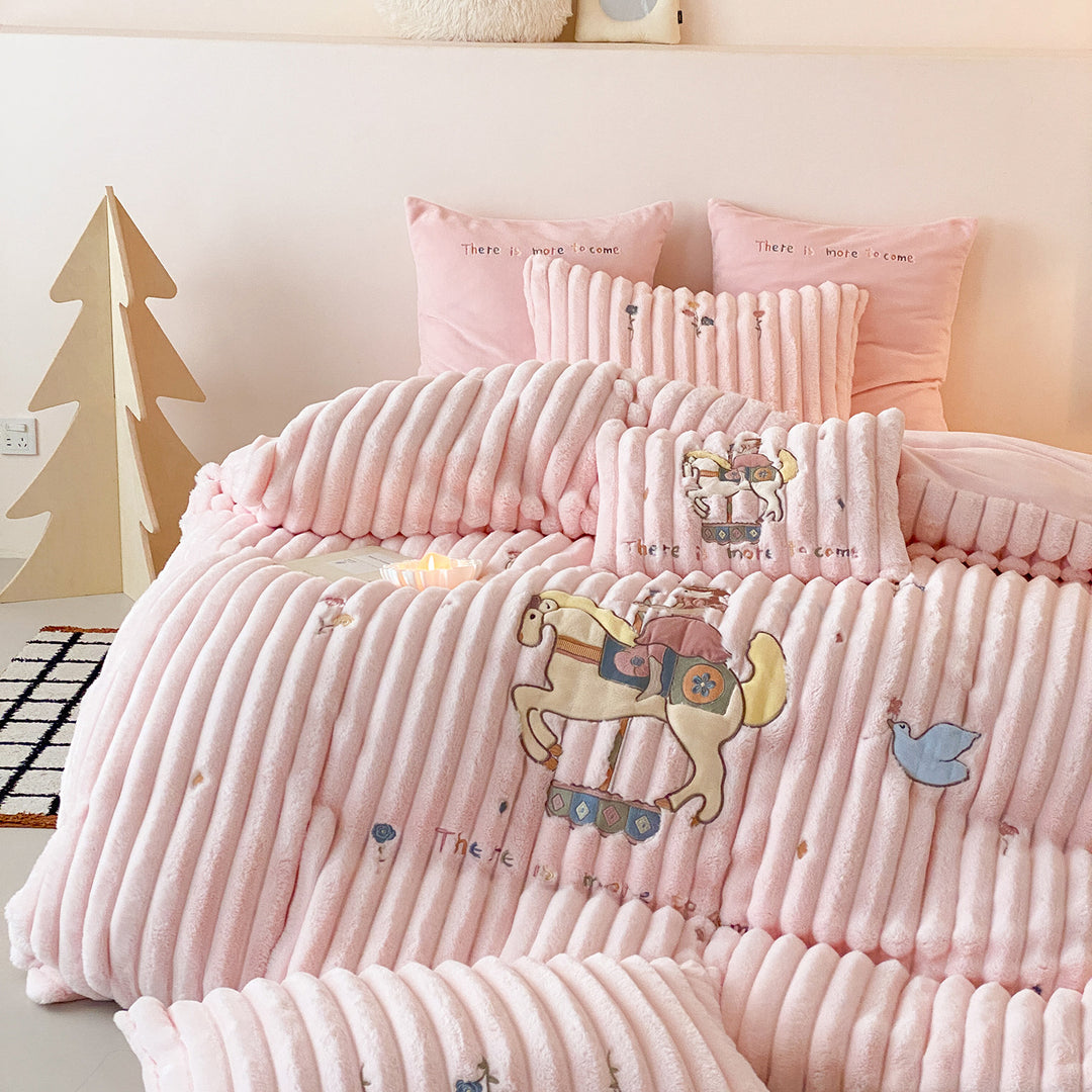 Children's Plush Ribbed Duvet Cover & Pillow Sham Set with Embroidered Carousel Motif