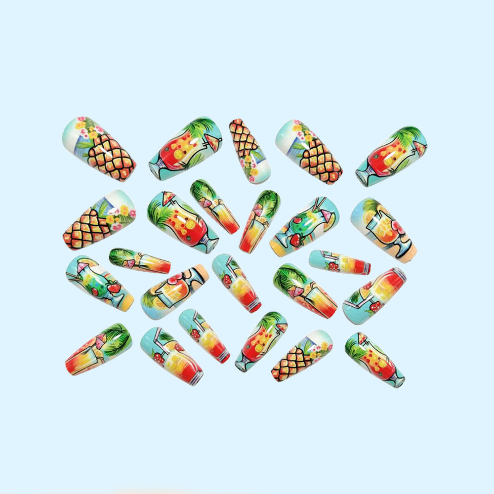 Artificial nail set with tropical drink motif and colorful accents Stornfield