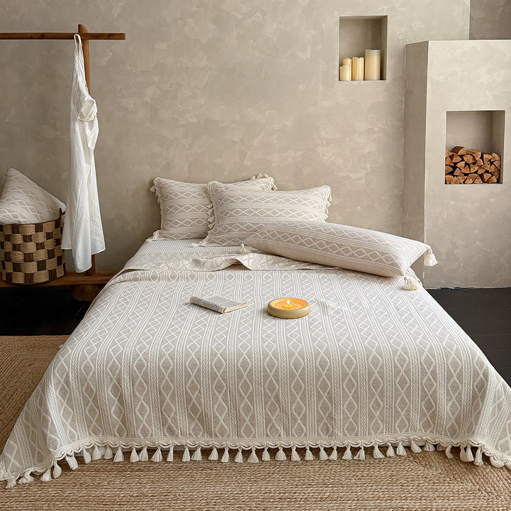 Quilted Cotton Jacquard Tassel Bedspread and Pillow Sham Set