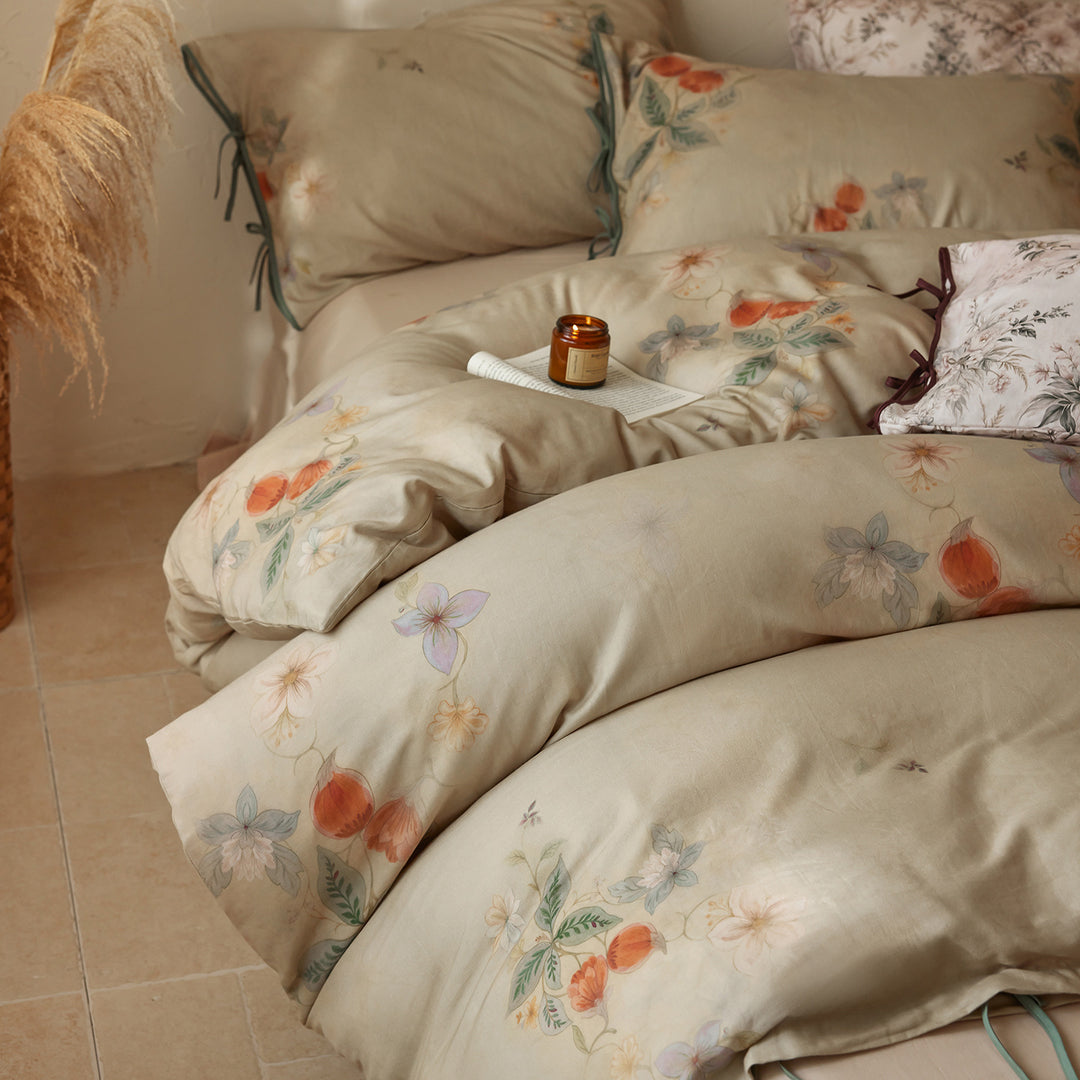 Patchwork Floral Cotton Percale Duvet Cover Set with Button Closure and Corner Ties