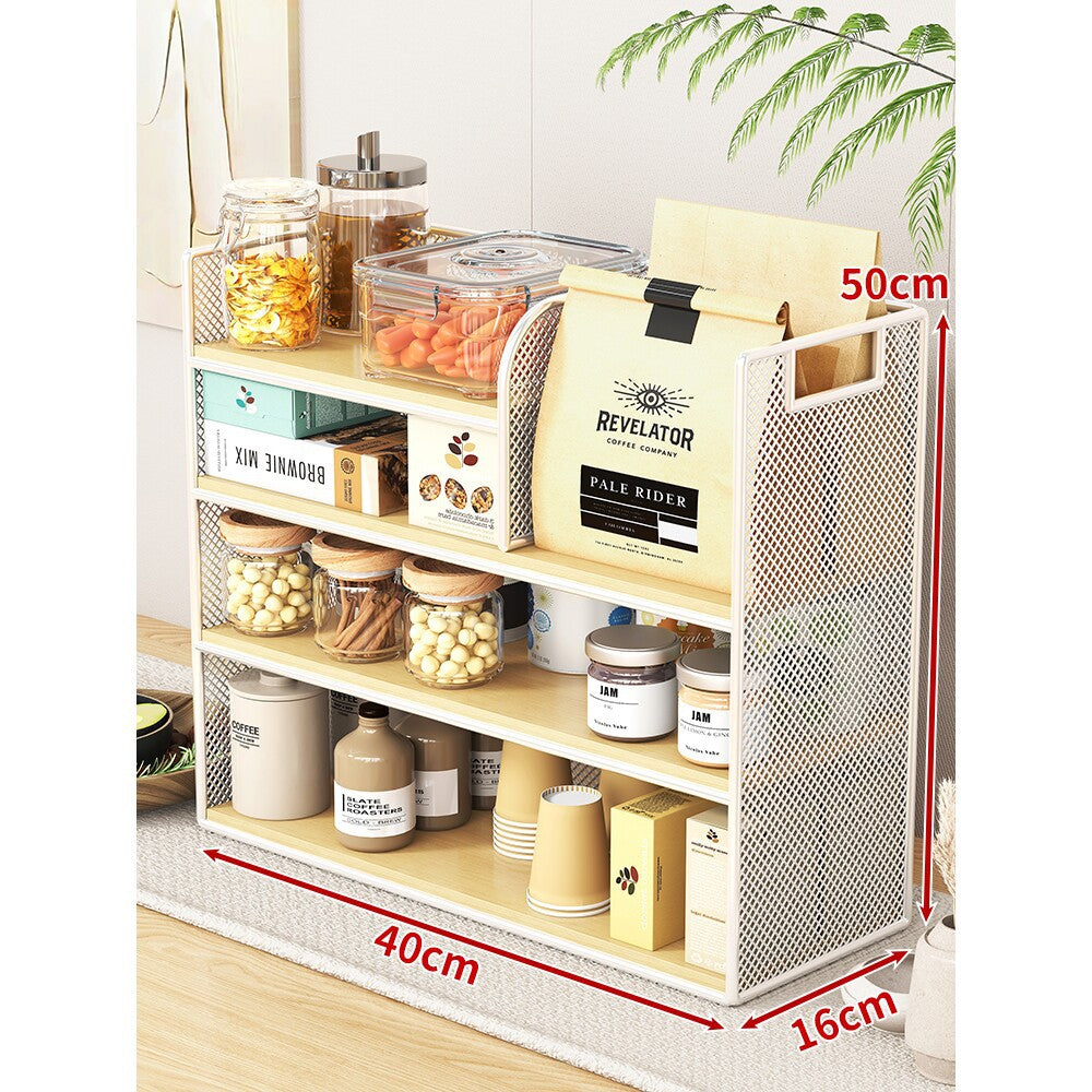 Metal Mesh Countertop Pantry Organizer with Multi-Tier Shelves and Vertical Bag Compartment