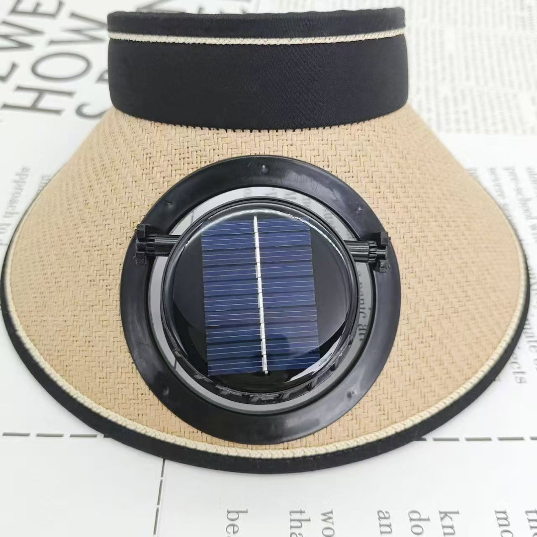 Adjustable sunshade for with removable solar fan and breathable straw effect Stornfield