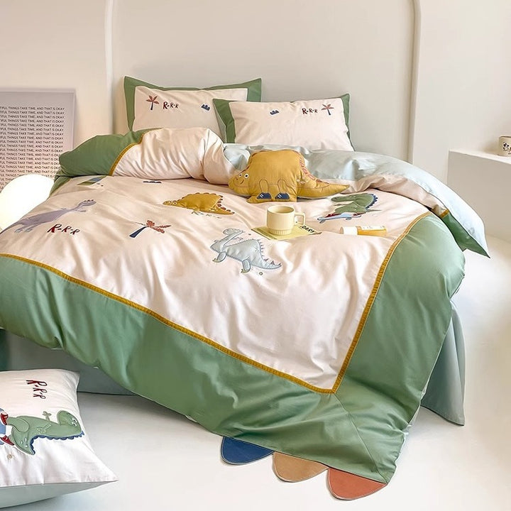 Embroidered Cartoon Rabbit Cotton Sateen Duvet Cover Set with Plush Accent Pillow