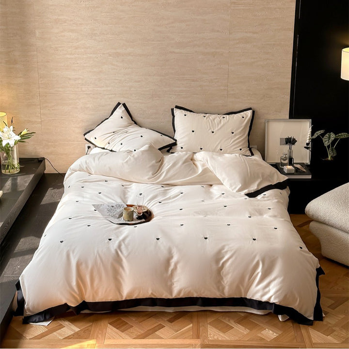 Heart-Embroidered Cotton Duvet Cover Set with Contrasting Border