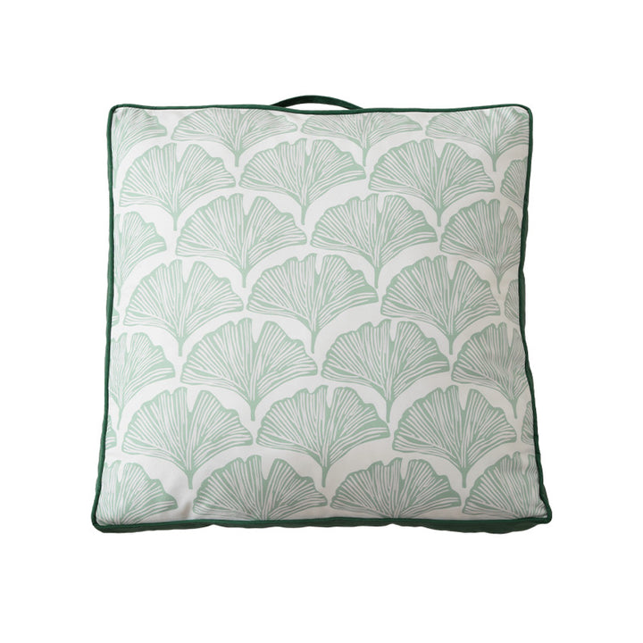 Padded floor cushion with quilted tufting, floral motif and carrying handle
