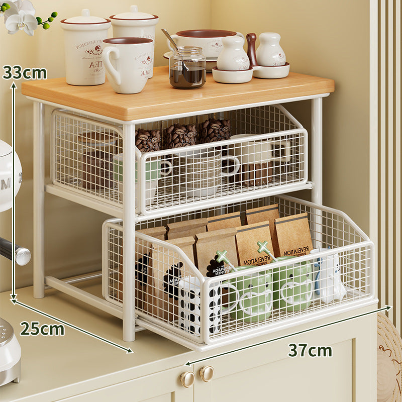 Sliding Mesh Cabinet Basket with Wood-Top Counter Riser