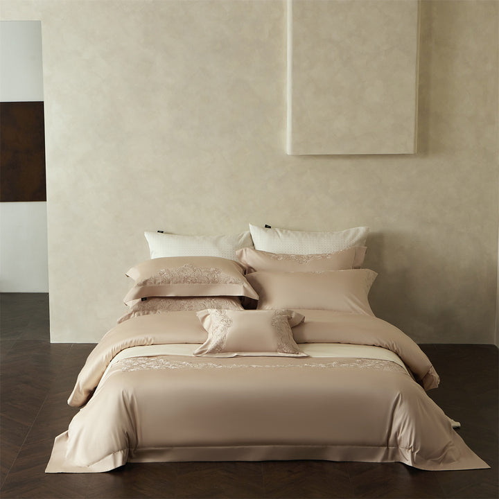 Embroidered Sateen Duvet Cover Set with Lace-Edge Pillow Shams