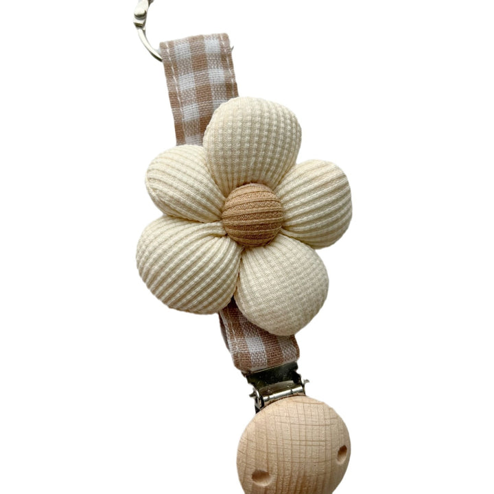 Handmade Wooden-Clip Pacifier Holder with Gingham Strap and Padded Flower Teether