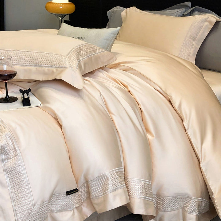 Luxury Satin-Feel Embroidered Duvet Cover Set with Decorative Hem & Pillow Shams