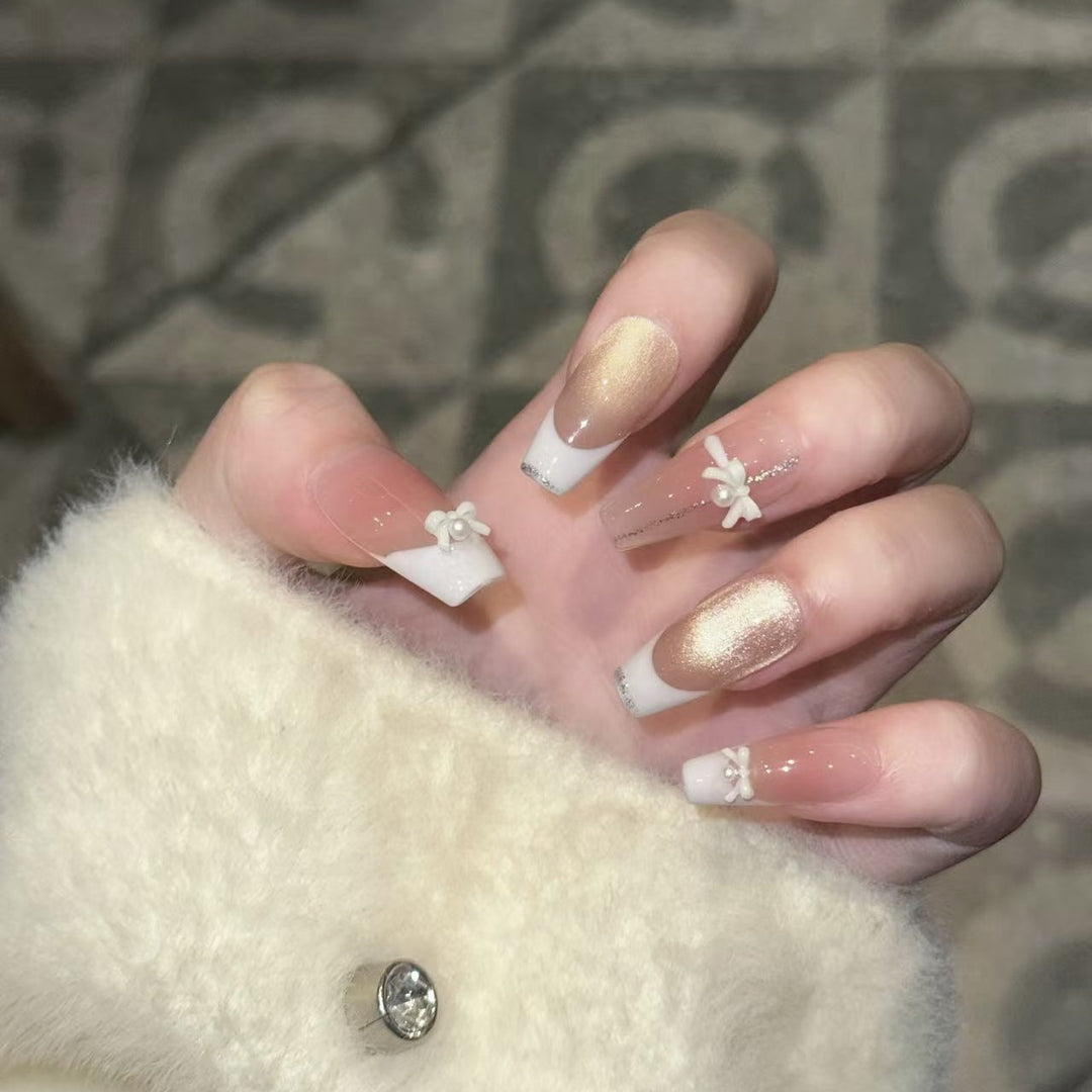 Elegant Reusable Press-On Nail Art Set with Pearl and Glitter Accents Stornfield