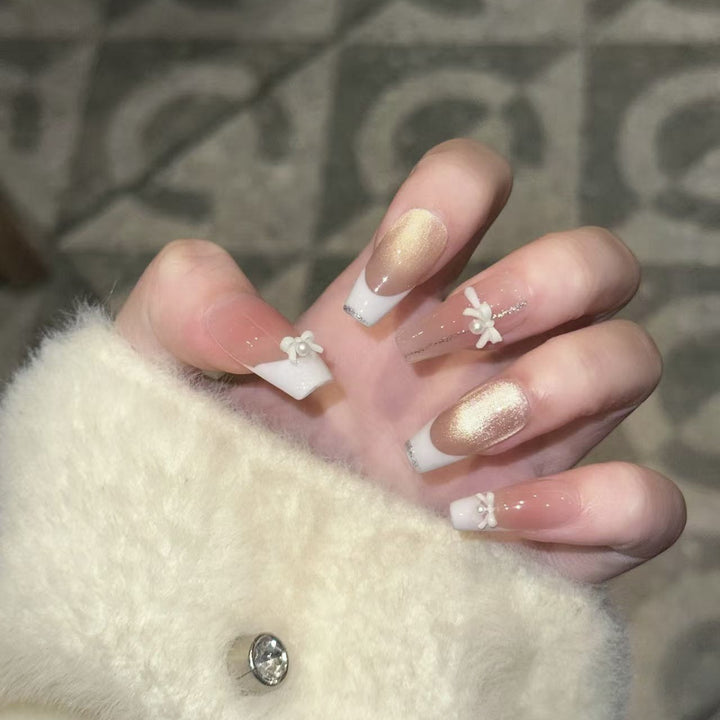 Elegant Reusable Press-On Nail Art Set with Pearl and Glitter Accents Stornfield