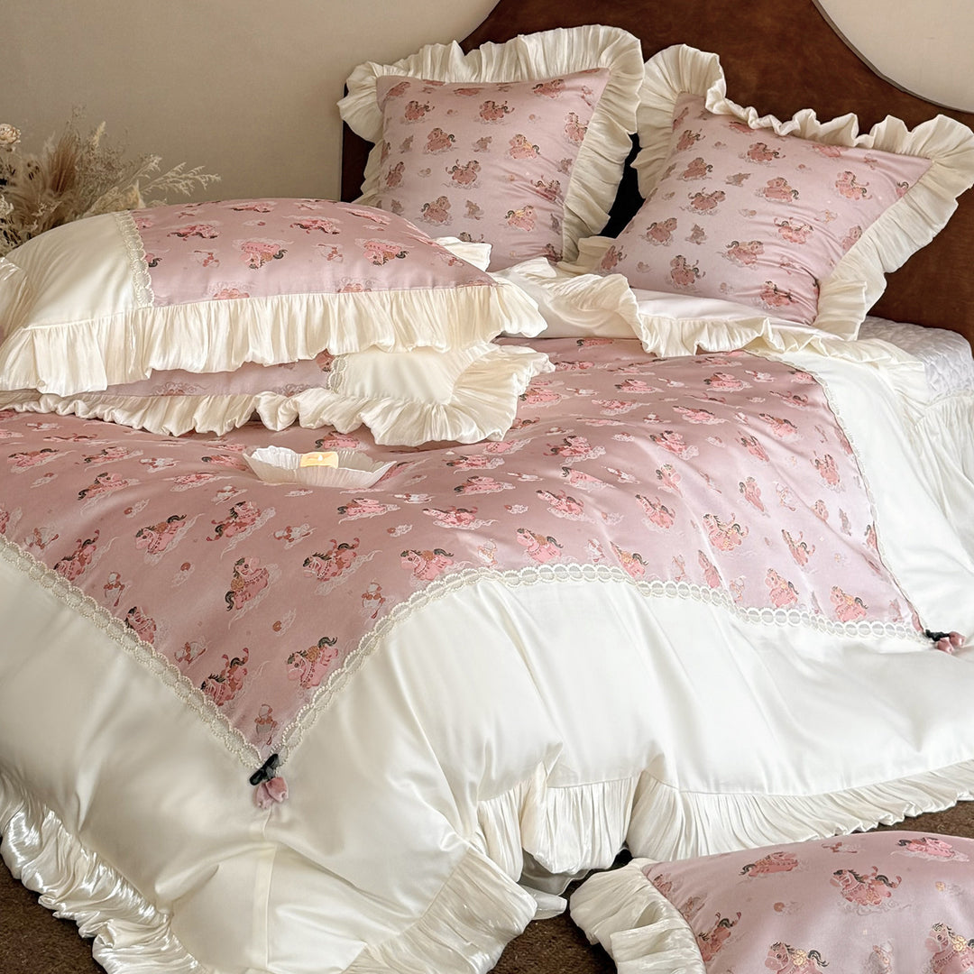 Ruffled Satin-Trim Quilted Duvet Cover Set with Lace Insets