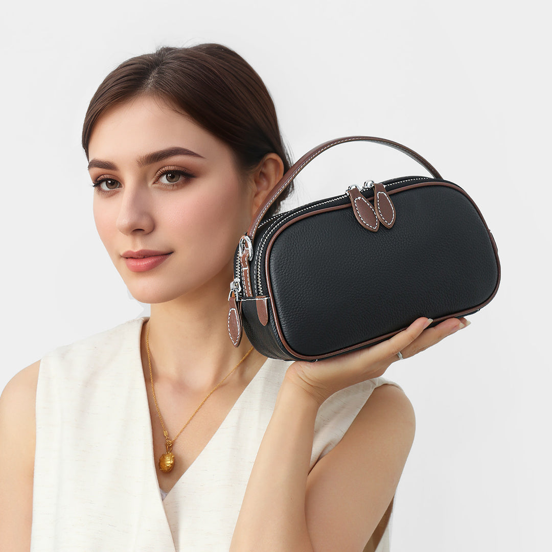 Structured Pebbled Leather Top-Handle Crossbody Bag with Detachable Strap