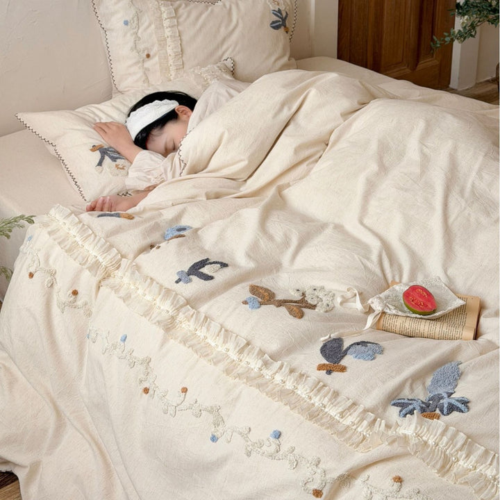 Embroidered Floral Ruffle Cotton Duvet Cover Bedding Set
