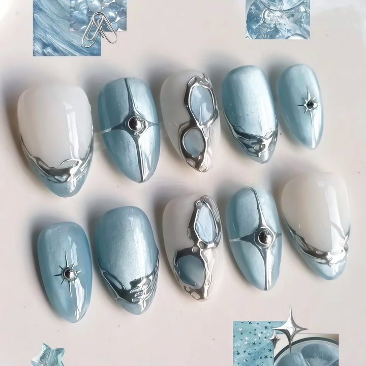 Artistic Press-On Nail Set with Metallic Accents