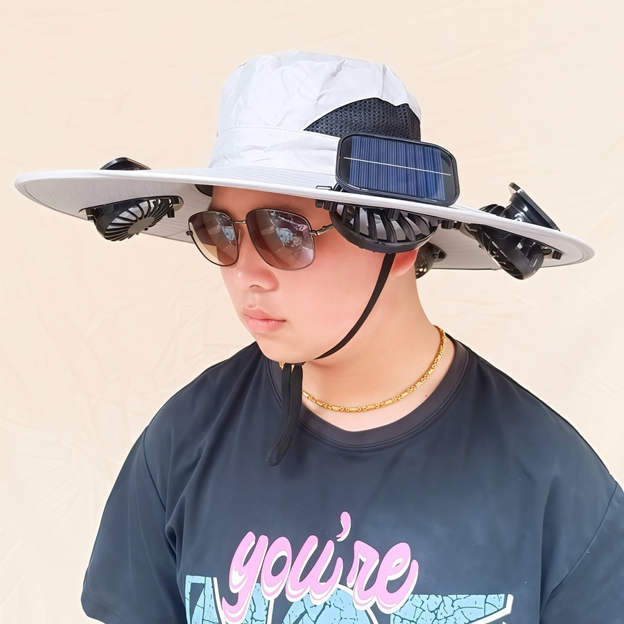 Wide-brimmed sun hat with detachable swivel solar fans and adjustable chin strap Stornfield