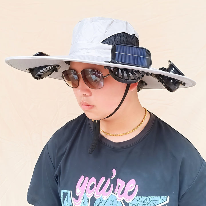 Wide-brimmed sun hat with detachable swivel solar fans and adjustable chin strap Stornfield