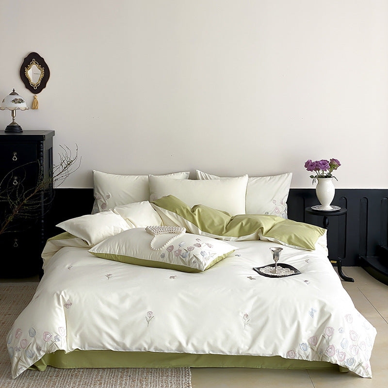 Luxury Cotton-Sateen Embroidered Floral Duvet Cover and Sham Set