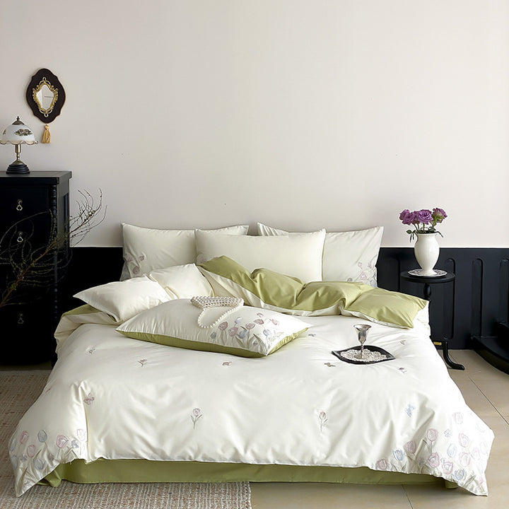 Luxury Cotton-Sateen Embroidered Floral Duvet Cover and Sham Set