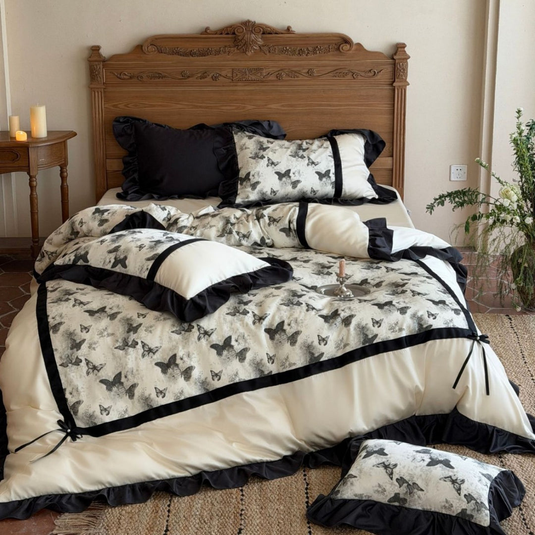 Butterfly-Print Ruffled Satin-Trim Duvet Cover Bedding Set with Decorative Pillow Shams