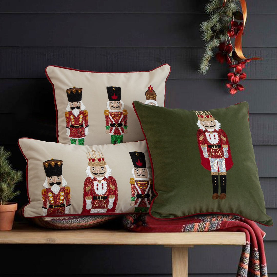 Christmas decorative pillow with nutcracker embroidery and piping edge