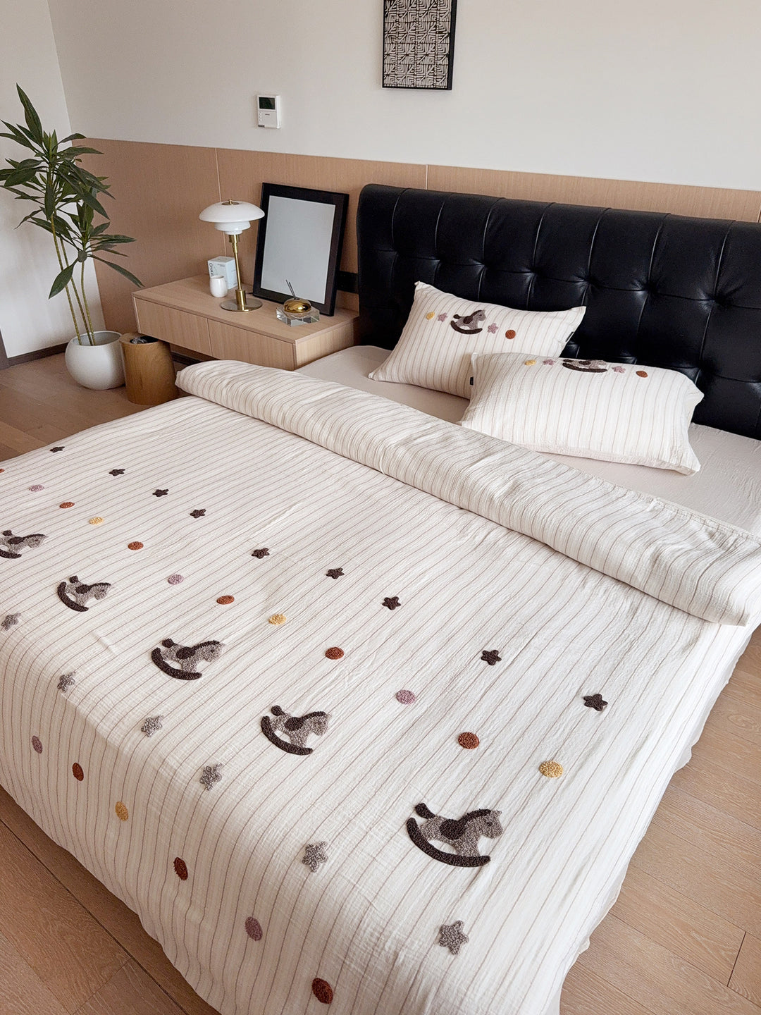 Embroidered Cotton Duvet Cover Set with Tufted Rocking Horse and Star Appliqués