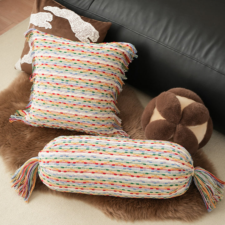 Boho-woven decorative pillow set with cylinder roll and square fringe cover