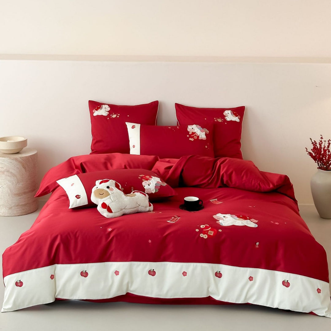 Embroidered Cartoon Puppy Cotton Duvet Cover Set with Contrast Border