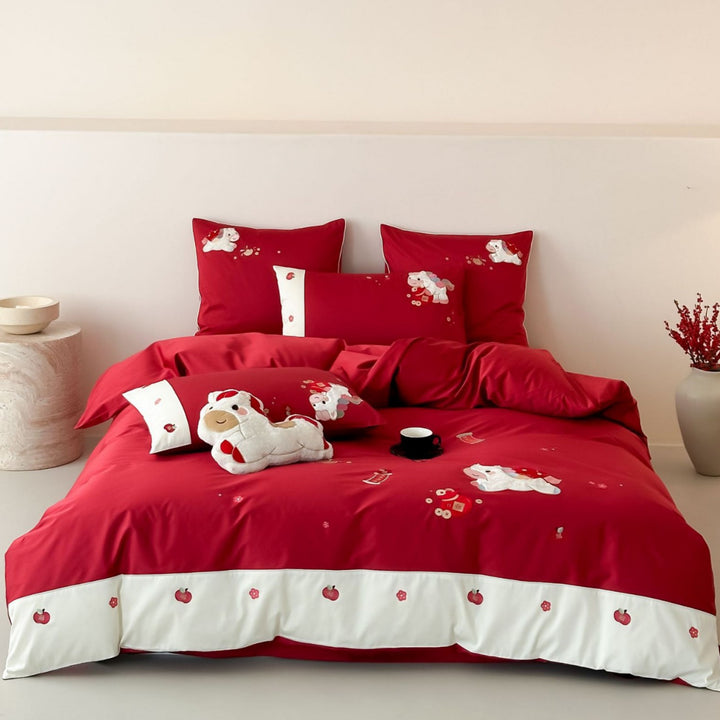 Embroidered Cartoon Puppy Cotton Duvet Cover Set with Contrast Border