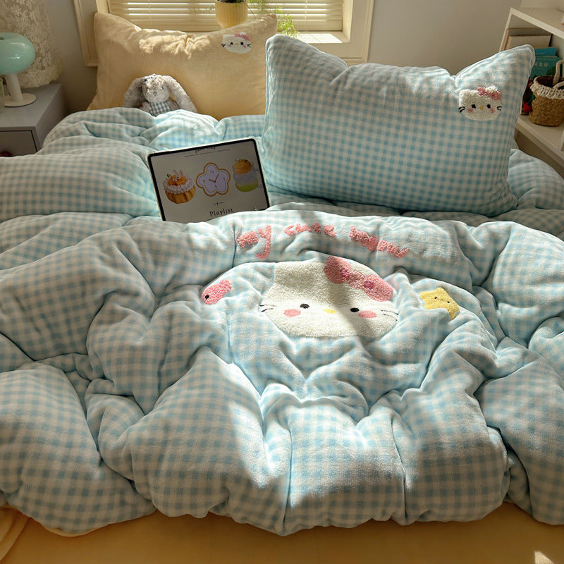 Plush Embroidered Cat Stripe Comforter Bedding Set