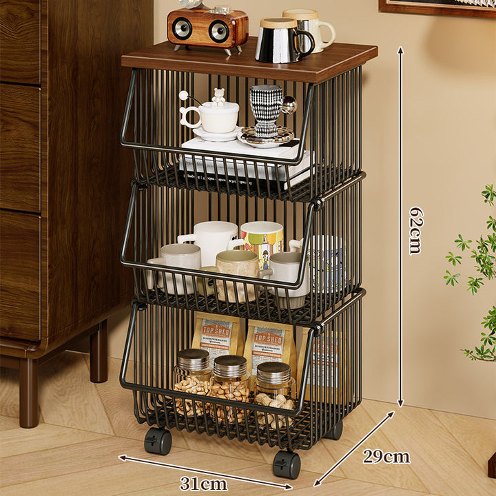 Mobile Four-Tier Kitchen Pantry Organizer Cart with Wood Top and Rolling Wire Baskets