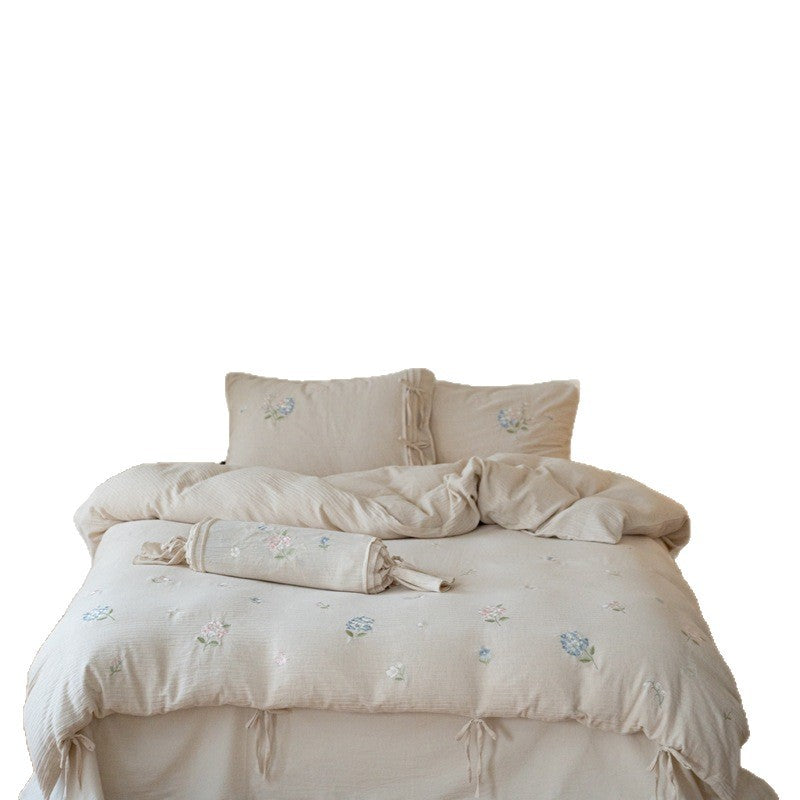Hand-Stitched Floral Cotton Gauze Duvet Cover and Tie-Sham Set