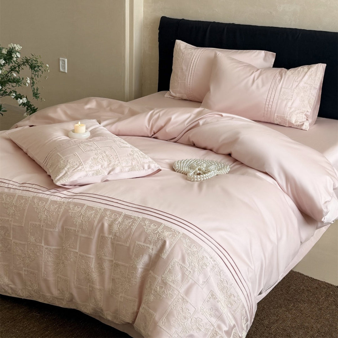Embroidered Patchwork Motif Duvet Cover Set with Triple Pintuck Pillow Shams