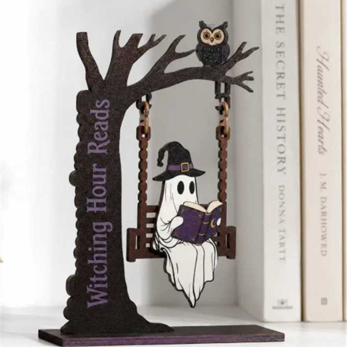 Whimsical Ghost and Cat Hanging Sign Sculpture Stornfield
