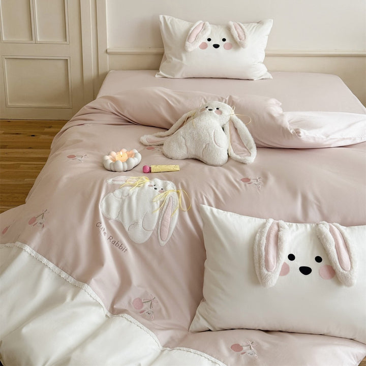 Plush 3D Bunny Appliqué Embroidered Cotton Sateen Duvet Cover Set