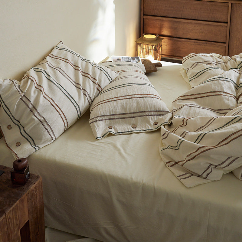 Washed Linen-Cotton Striped Duvet Cover Set with Button-Detail Pillowcases & Corner Ties
