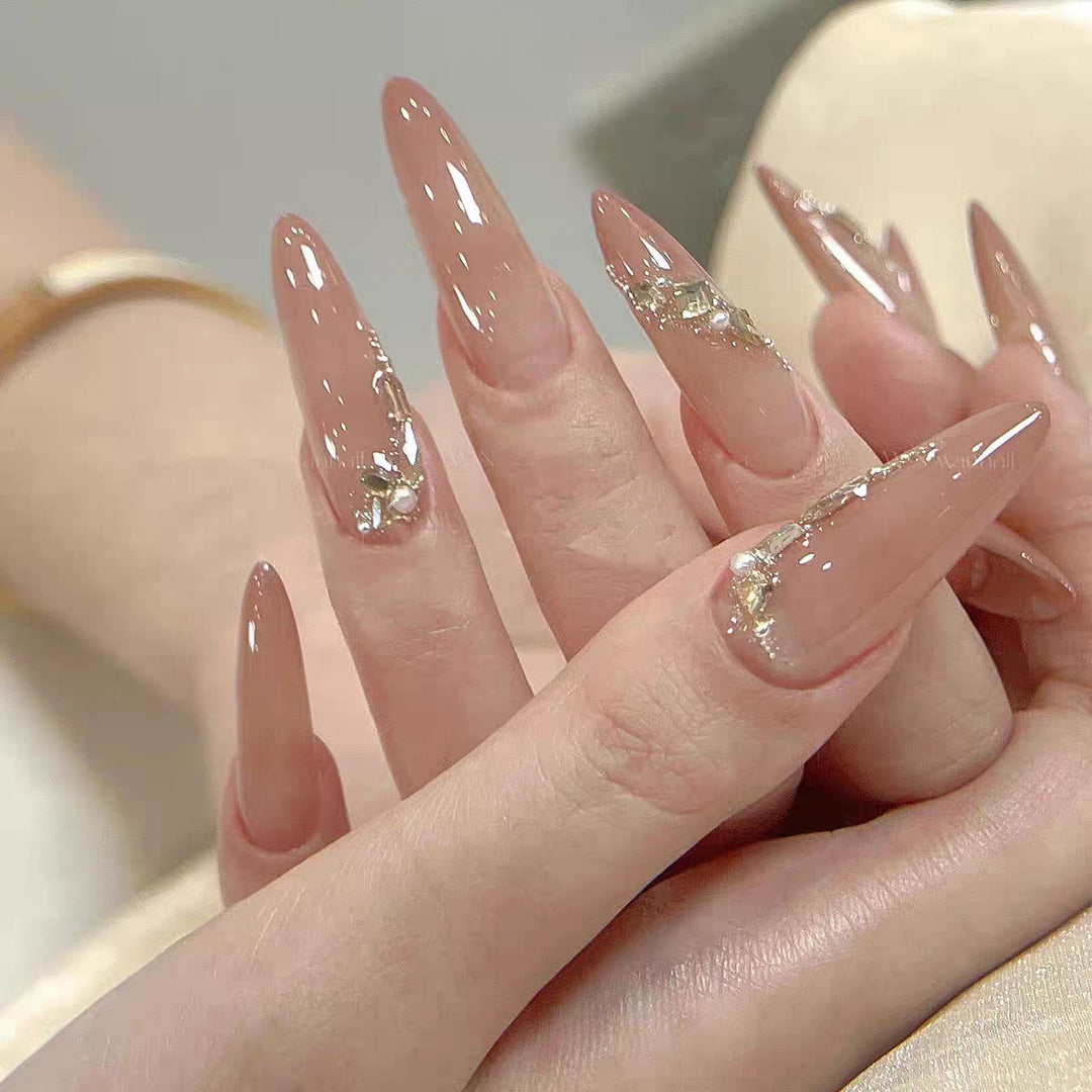 Decorative Long Stiletto Press-On Nails with Silver Accents Stornfield