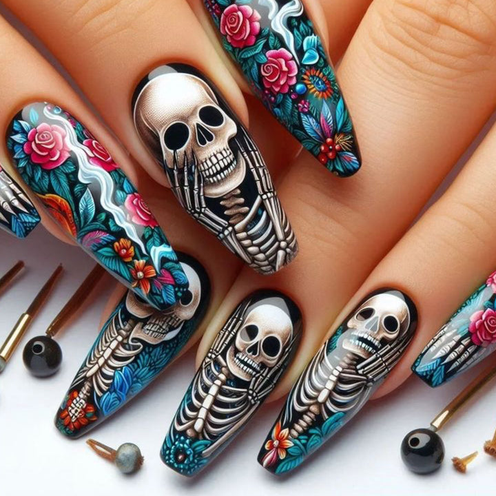 Gothic Skeleton-Themed Acrylic Nail Art Extensions Stornfield