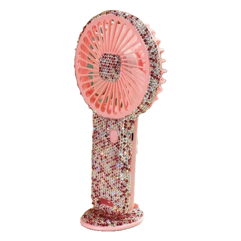 Women's portable hand fan rechargeable with rhinestone accents and cat emblem Stornfield