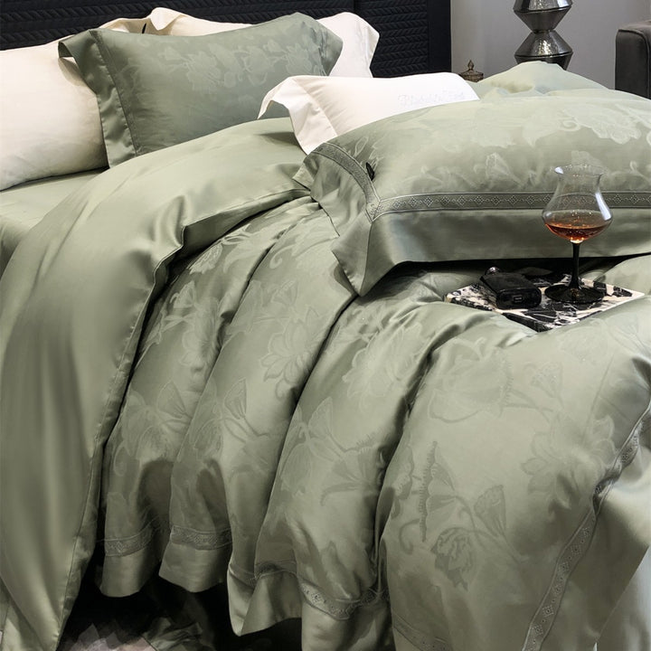 Premium Floral Jacquard Sateen Duvet Cover Set with Embroidered Hem